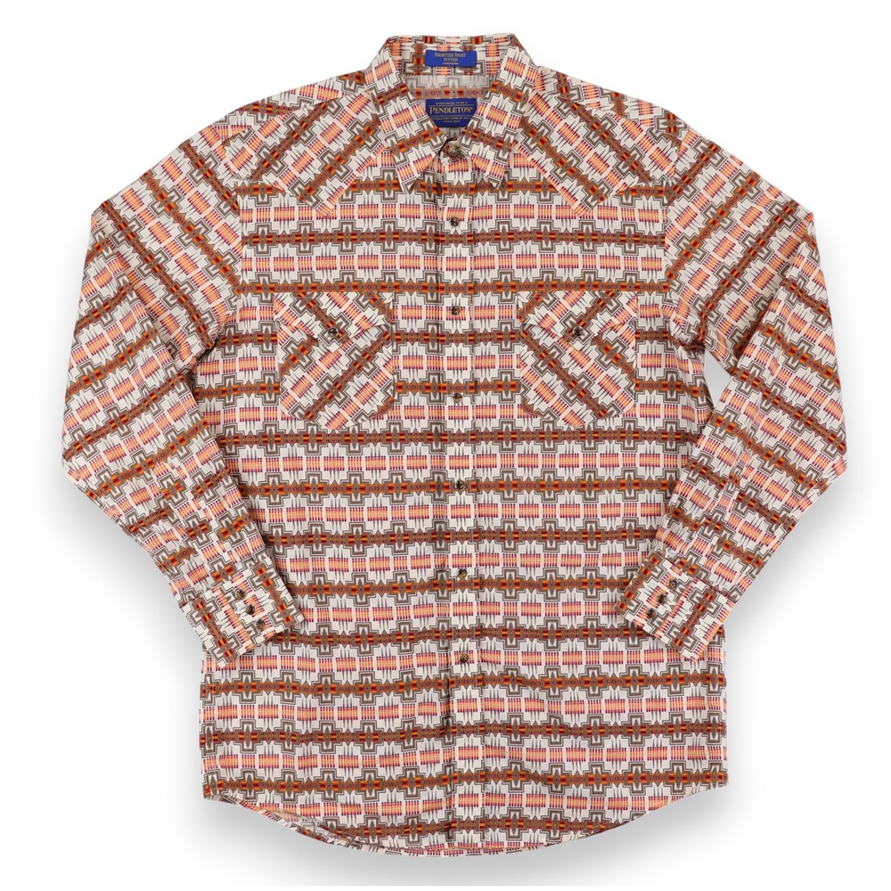 Pendleton Frontier Shirt Fitted Mens Medium Tan Aztec Geometric Western Cotton